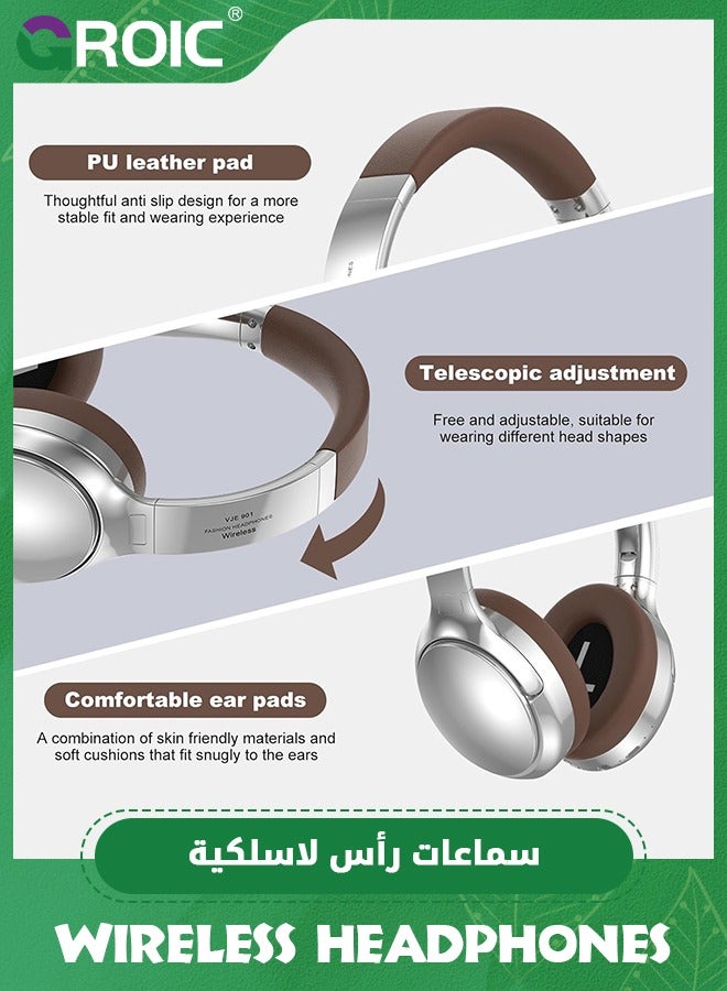 GROIC Brown Bluetooth Headset Over Ear, Active Noise Cancellation Wireless Headphones, 60 Hours Playback Time,Bass Surround Sound Foldable Lightweight Headphones  - Image 3