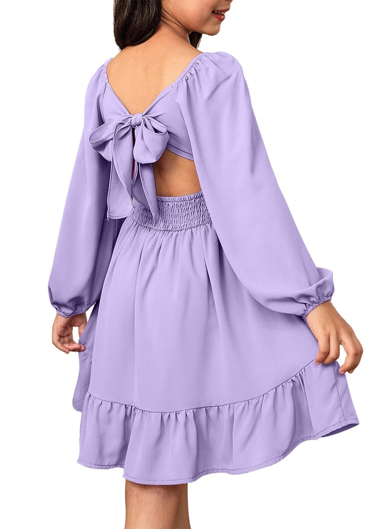 blibean Girls Long Sleeve Tie Back Dress Teen Fall Boho Wedding Guest Dresses Tween Holiday Formal Outfit Big Kids Cute Dance Christmas Clothes Size 12-13 Years Old Purple - Image 1