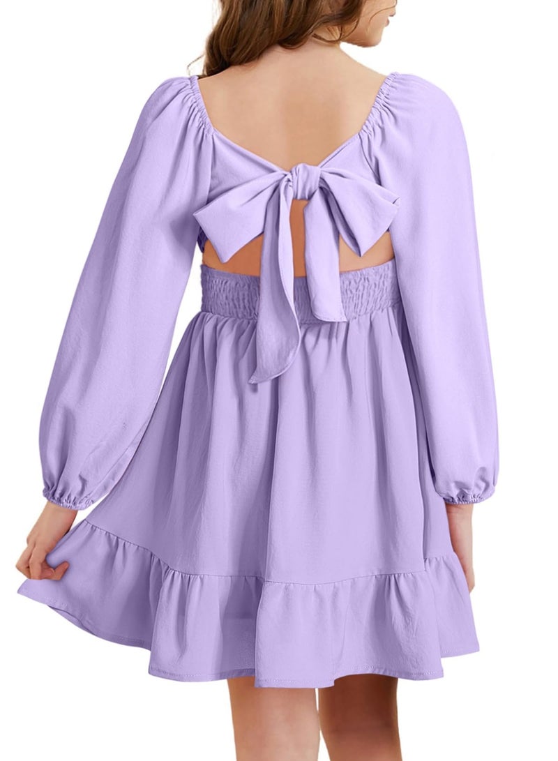 blibean Girls Long Sleeve Tie Back Dress Teen Fall Boho Wedding Guest Dresses Tween Holiday Formal Outfit Big Kids Cute Dance Christmas Clothes Size 12-13 Years Old Purple - Image 4