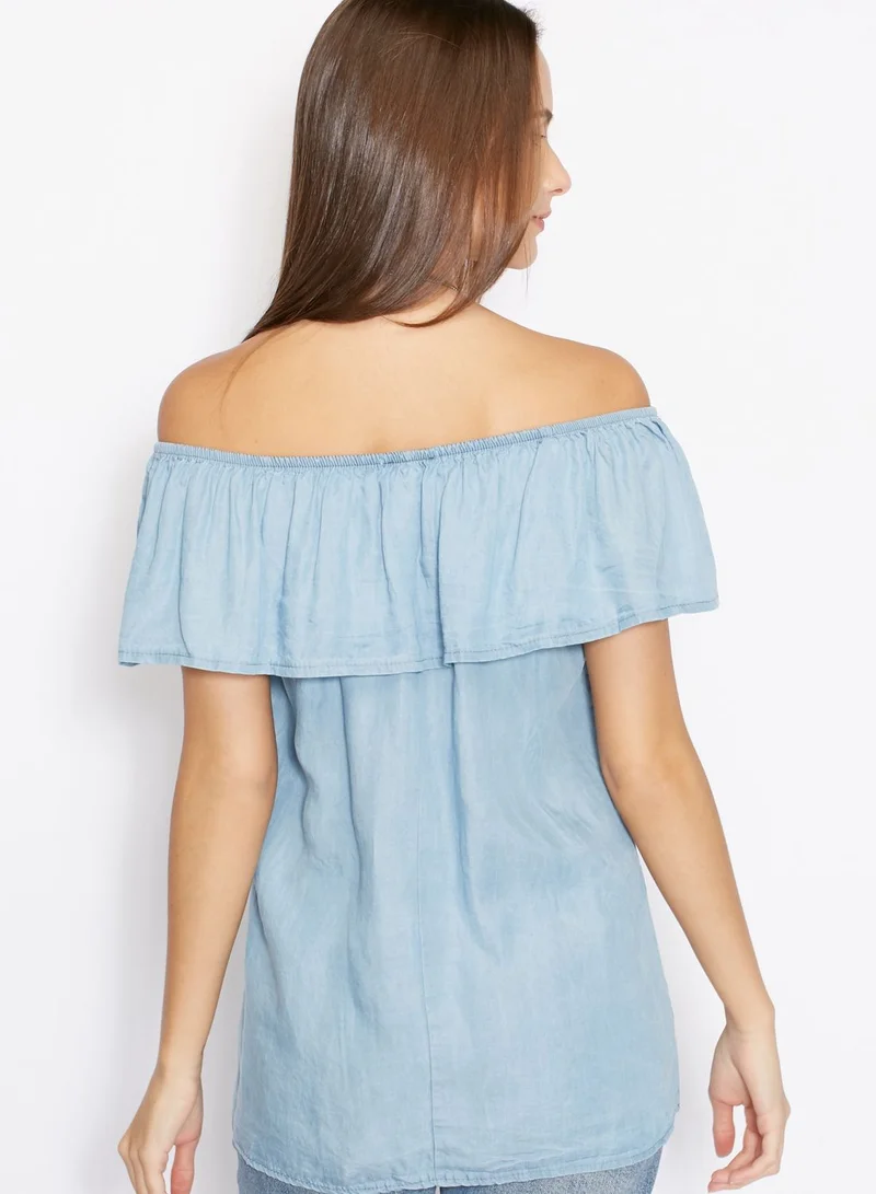 Ginger Urban Minx Denim Ruffle Bardot Top
