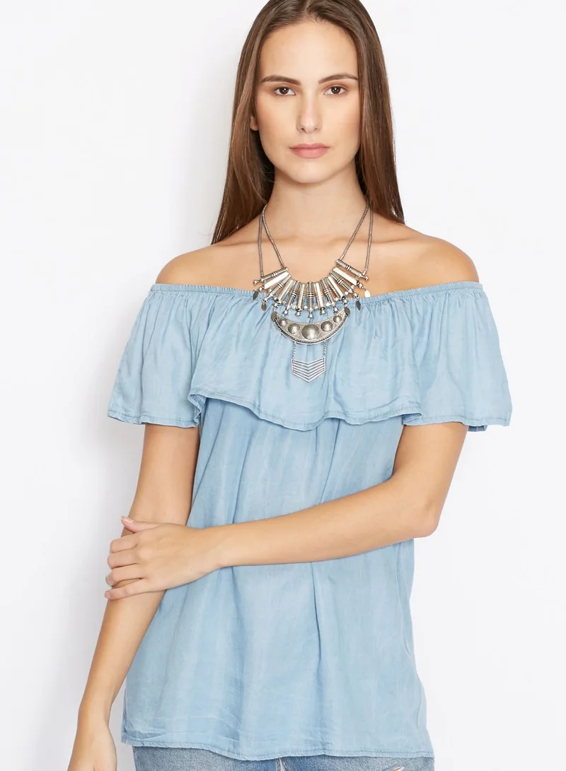 Ginger Urban Minx Denim Ruffle Bardot Top