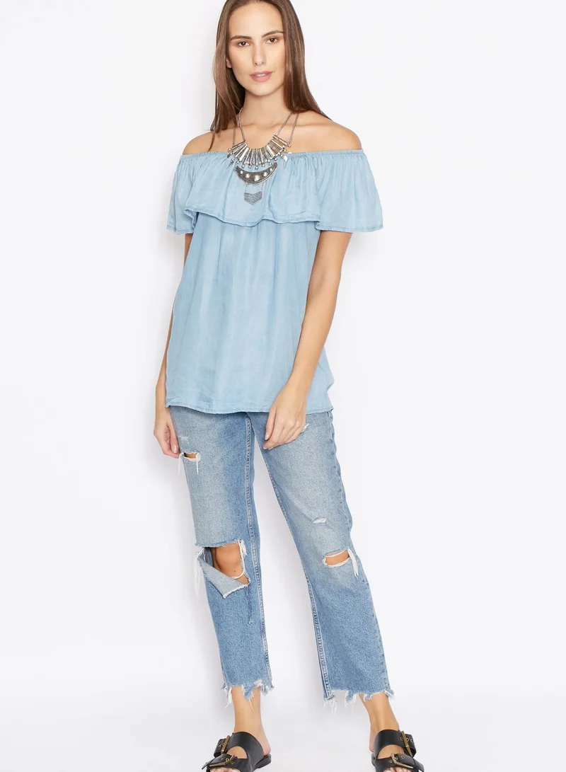 Ginger Urban Minx Denim Ruffle Bardot Top