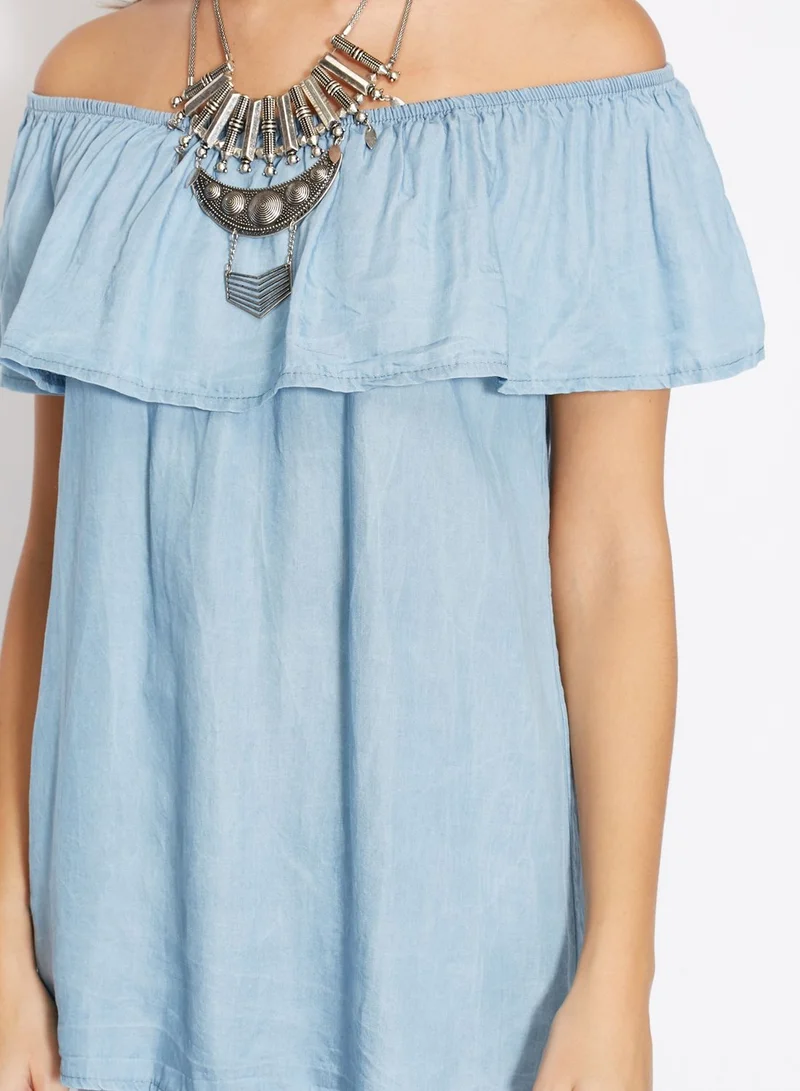 Ginger Urban Minx Denim Ruffle Bardot Top