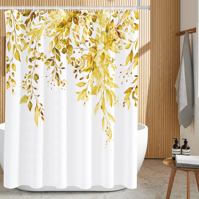 Tititex Yellow Eucalyptus Shower Curtain  Watercolor Bright Leaves on The Top Plant with Floral Bathroom Decoration Shower Curtain Sets 72x72 Inch with Hooks
