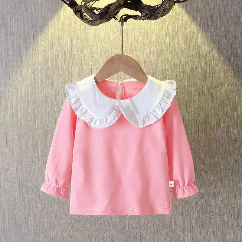 Pure Cotton Girls' Long-Sleeved T-Shirt Solid Color Children'S Children'S Wear Base Shirt Western Style Baby'S All-Match Top - Image 1
