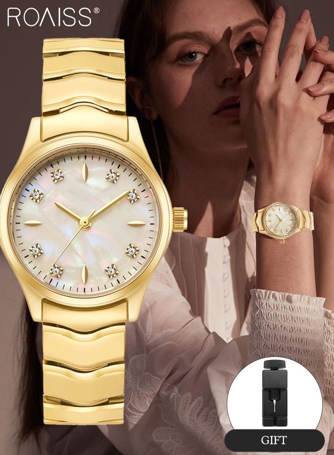 roaiss Steel Strap Quartz Watch for Women Analog Display Round Dial with Shell Texture and Rhinestones Decoration Waterproof Luxurious Wristwatch as Gift for Ladies-30mm - Image 1