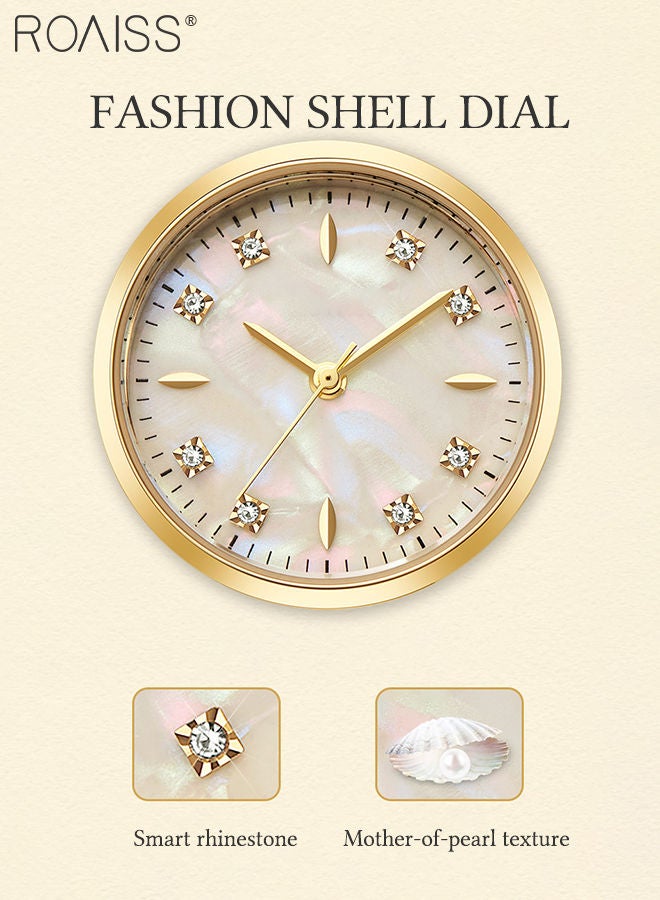 roaiss Steel Strap Quartz Watch for Women Analog Display Round Dial with Shell Texture and Rhinestones Decoration Waterproof Luxurious Wristwatch as Gift for Ladies-30mm - Image 4