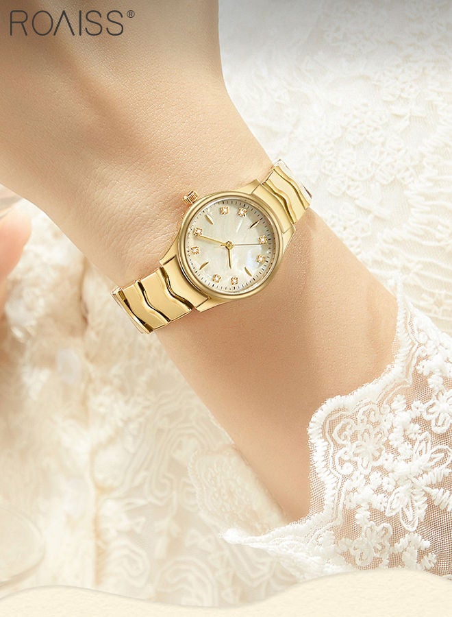 roaiss Steel Strap Quartz Watch for Women Analog Display Round Dial with Shell Texture and Rhinestones Decoration Waterproof Luxurious Wristwatch as Gift for Ladies-30mm - Image 2