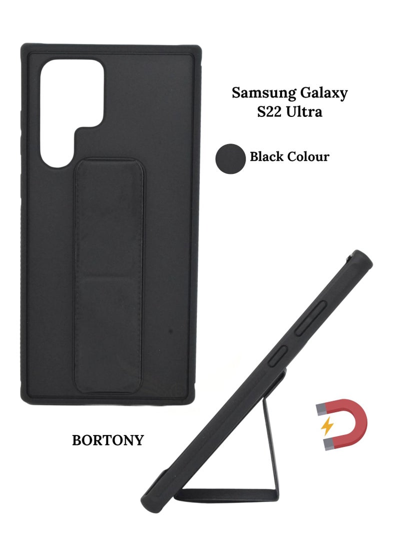 BORTONY Premium Silicone Hand Strap Grip, Car Mount Kickstand And Finger Grip Case Cover For Samsung Galaxy S22 Ultra (Black) - Image 2
