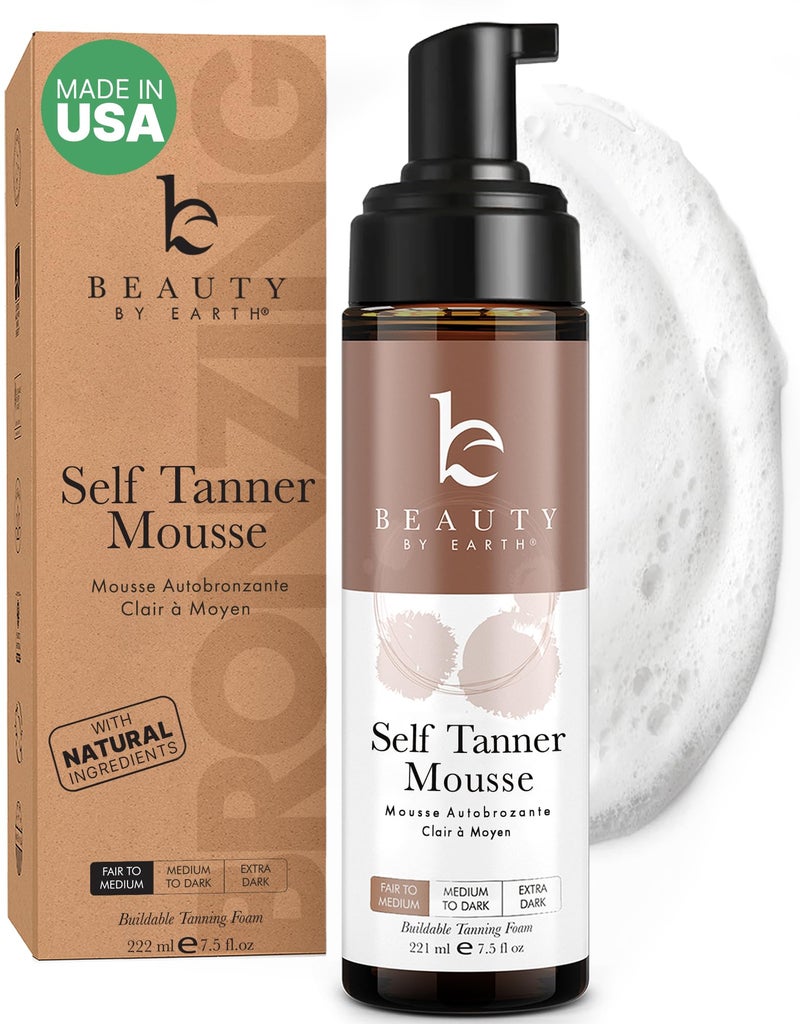 Beauty by Earth Self Tanner Mousse  USA Made with Natural  Organic Ingredients Self Tanning Mousse for Fake Tan Sunless Tanner for Pale Skin Clear  Non Toxic Tanning Foam for Streak Free Finish No Orange Color