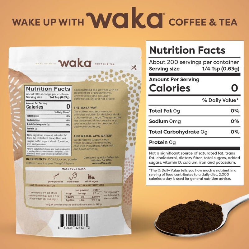 Waka Instant Black Tea Mix, Classic - 100% Tea Leaves, No Additives, Unsweetened Tea Powder for 50 Quarts or 200 Cups - Easy and Quick Hot or Iced Teas (4.5oz) - Image 2
