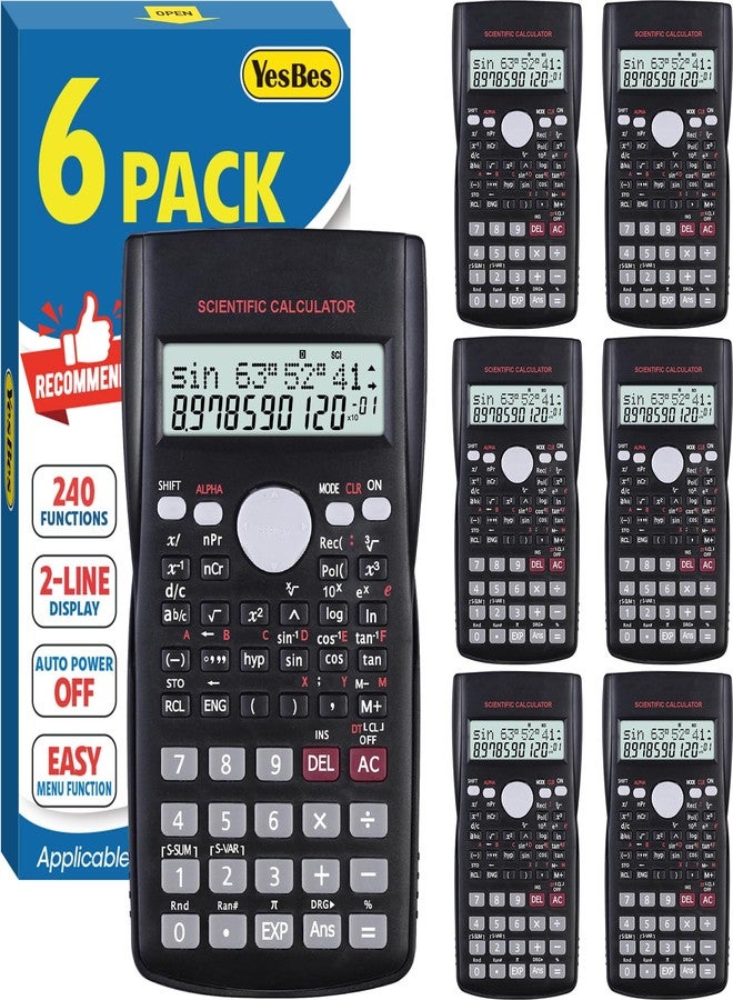 YesBes 6 Pack Scientific Calculators Bulk, 2-Line Large Screen Display 240 Functions Scientific Calculators for Students, Math Algebra Fraction Calculator for High School College School - Image 1
