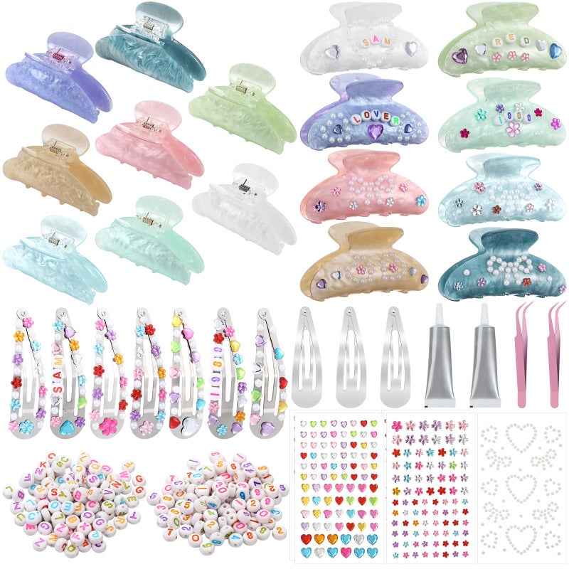 Kathfly 8 Sets DIY Hair Claw Clips Sets Acrylic Hair Claw Clips Letters Beads and Star Peal Flower Stickers Clamps for Girl's Night Sleepovers Head Accessories for Women Party Supplies - Image 1