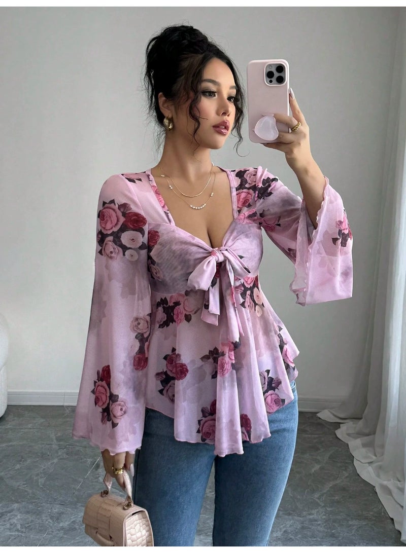 general 2025-2026 Design-inspired French-style sweet floral gradient hemmed strap square-neck long-sleeved shirt - Image 1