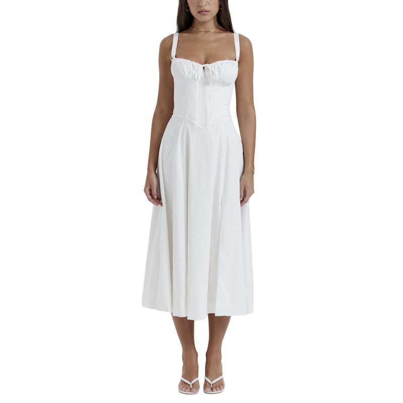 Summer French Style Slim A-Line Split Slip Dress White