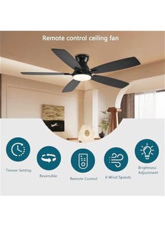Arabest 52 Inch Low Profile Ceiling Fan with Light and Remote Control, Flush Mount, DC Reversible Motor, Noiseless, Black 6 Speeds for Bedroom  - Image 2