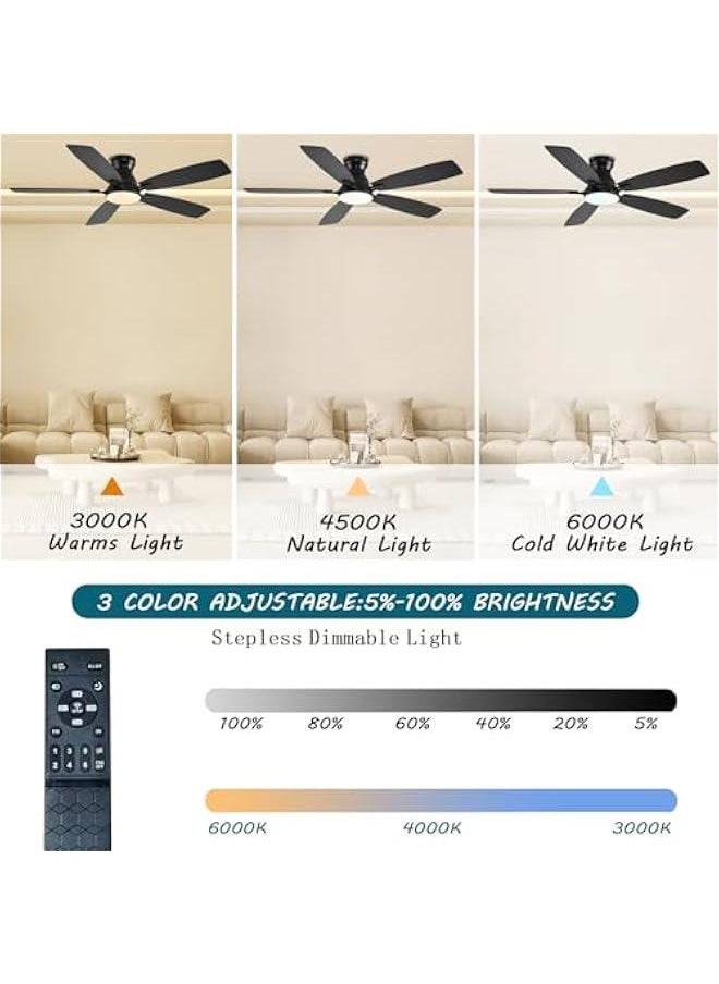 Arabest 52 Inch Low Profile Ceiling Fan with Light and Remote Control, Flush Mount, DC Reversible Motor, Noiseless, Black 6 Speeds for Bedroom  - Image 3