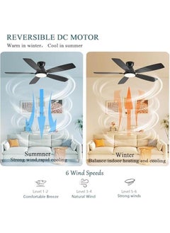 Arabest 52 Inch Low Profile Ceiling Fan with Light and Remote Control, Flush Mount, DC Reversible Motor, Noiseless, Black 6 Speeds for Bedroom  - Image 4