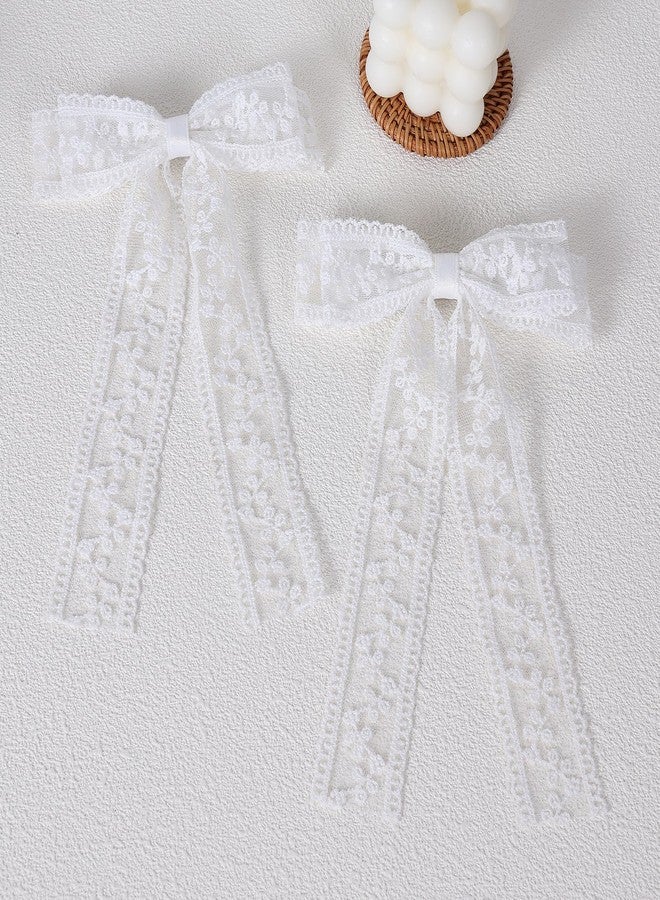 ميروكش مشابك شعر كبيرة من الدانتيل الأبيض على شكل فيونكة للعروس وفتيات الزهور والنساء، إكسسوارات حفلات الزفاف والمناسبات الخاصة، طولها 5.5 بوصة، مصنوعة من شريط تول طويل لطيف، دبابيس شعر على شكل فيونكة، هدية - Image 2