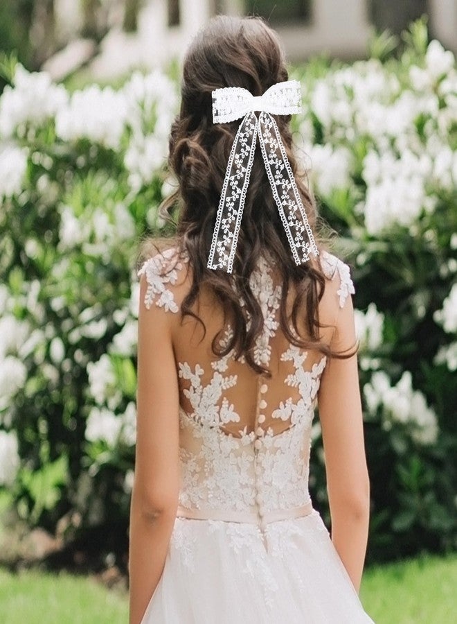 ميروكش مشابك شعر كبيرة من الدانتيل الأبيض على شكل فيونكة للعروس وفتيات الزهور والنساء، إكسسوارات حفلات الزفاف والمناسبات الخاصة، طولها 5.5 بوصة، مصنوعة من شريط تول طويل لطيف، دبابيس شعر على شكل فيونكة، هدية - Image 5