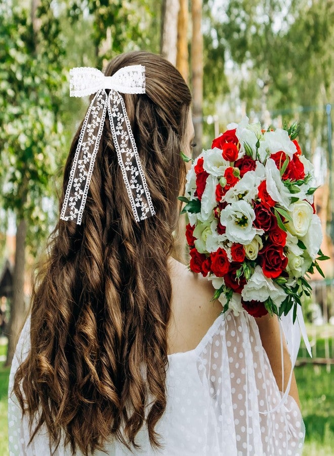 ميروكش مشابك شعر كبيرة من الدانتيل الأبيض على شكل فيونكة للعروس وفتيات الزهور والنساء، إكسسوارات حفلات الزفاف والمناسبات الخاصة، طولها 5.5 بوصة، مصنوعة من شريط تول طويل لطيف، دبابيس شعر على شكل فيونكة، هدية - Image 3