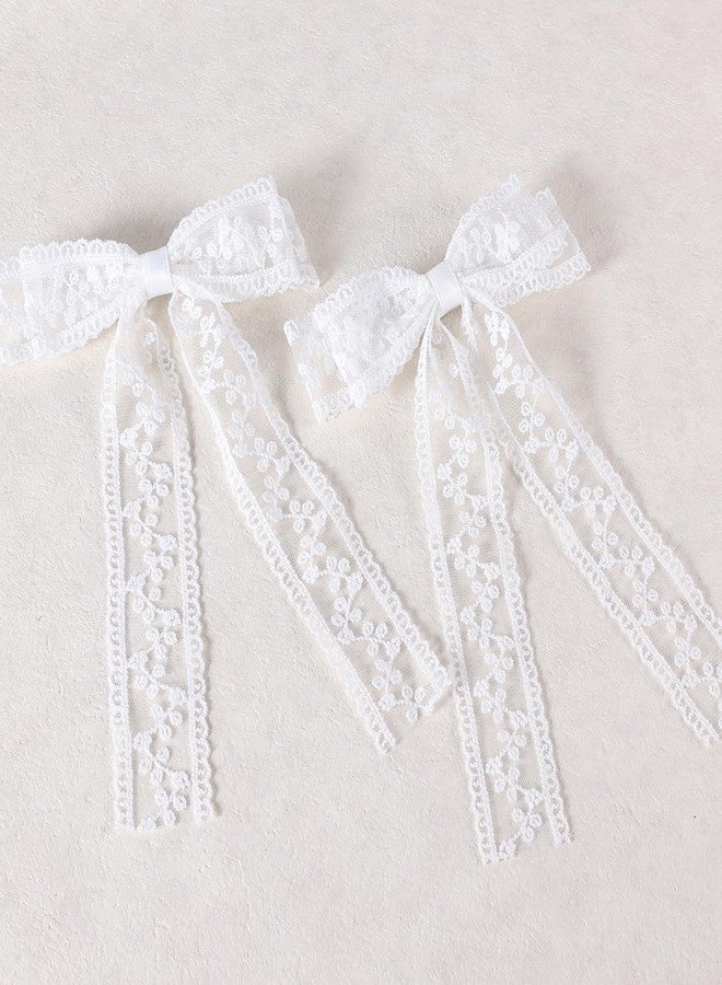 ميروكش مشابك شعر كبيرة من الدانتيل الأبيض على شكل فيونكة للعروس وفتيات الزهور والنساء، إكسسوارات حفلات الزفاف والمناسبات الخاصة، طولها 5.5 بوصة، مصنوعة من شريط تول طويل لطيف، دبابيس شعر على شكل فيونكة، هدية - Image 1