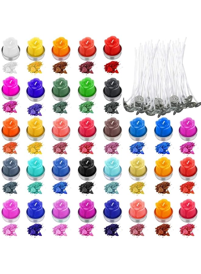 صبغة الشمع لصنع الشموع 34 لونًا من الشمع الطبيعي صبغة شمع الشموع اختيار رائع لصبغة لون الشموع تذوب بشكل مثالي وتلوين متساوٍ مع 200 قطعة من فتائل الشموع عالية الأمان - Image 1
