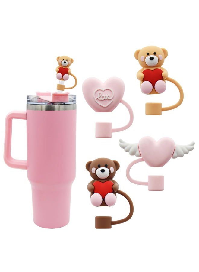 Meitesti Straw Cover Cap for Stanley Cup, Heart-shaped Straw Topper Compatible with 30&40 Oz Tumbler with Handle,10mm 0.4in Straw Tips Lids Lover Couple Fun Gifts (4pcs Bear pink Straw Cap) - Image 1