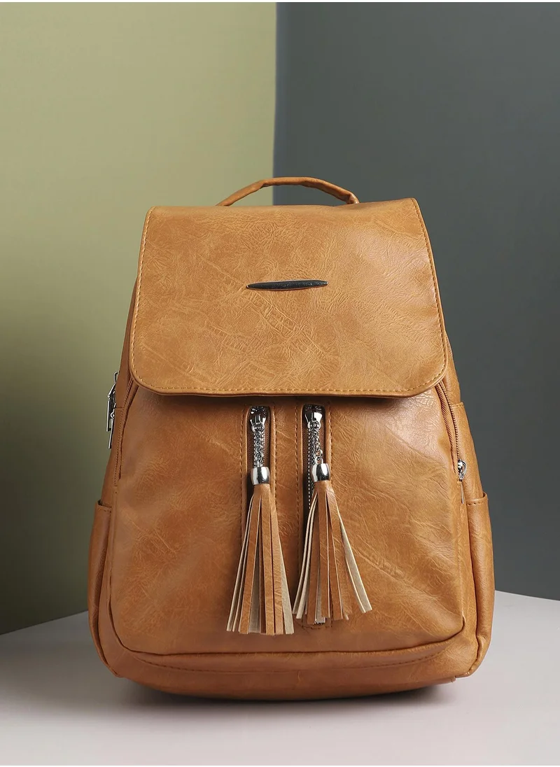 صوص هاوت Haute Sauce Women's The Double Tassel Backpack For Casual Wear | Tan Brown Colour | One-Size | Zipper Closure | Solid Pattern | Vegan Leather Material | Backpack For Woman & Girls