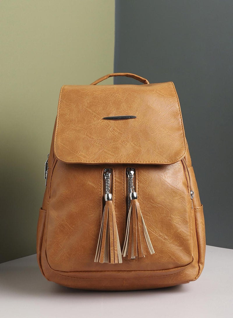 Haute Sauce Haute Sauce Women's The Double Tassel Backpack For Casual Wear | Tan Brown Colour | One-Size | Zipper Closure | Solid Pattern | Vegan Leather Material | Backpack For Woman & Girls  - Image 1