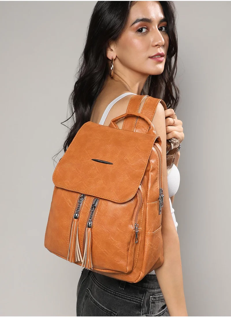 صوص هاوت Haute Sauce Women's The Double Tassel Backpack For Casual Wear | Tan Brown Colour | One-Size | Zipper Closure | Solid Pattern | Vegan Leather Material | Backpack For Woman & Girls