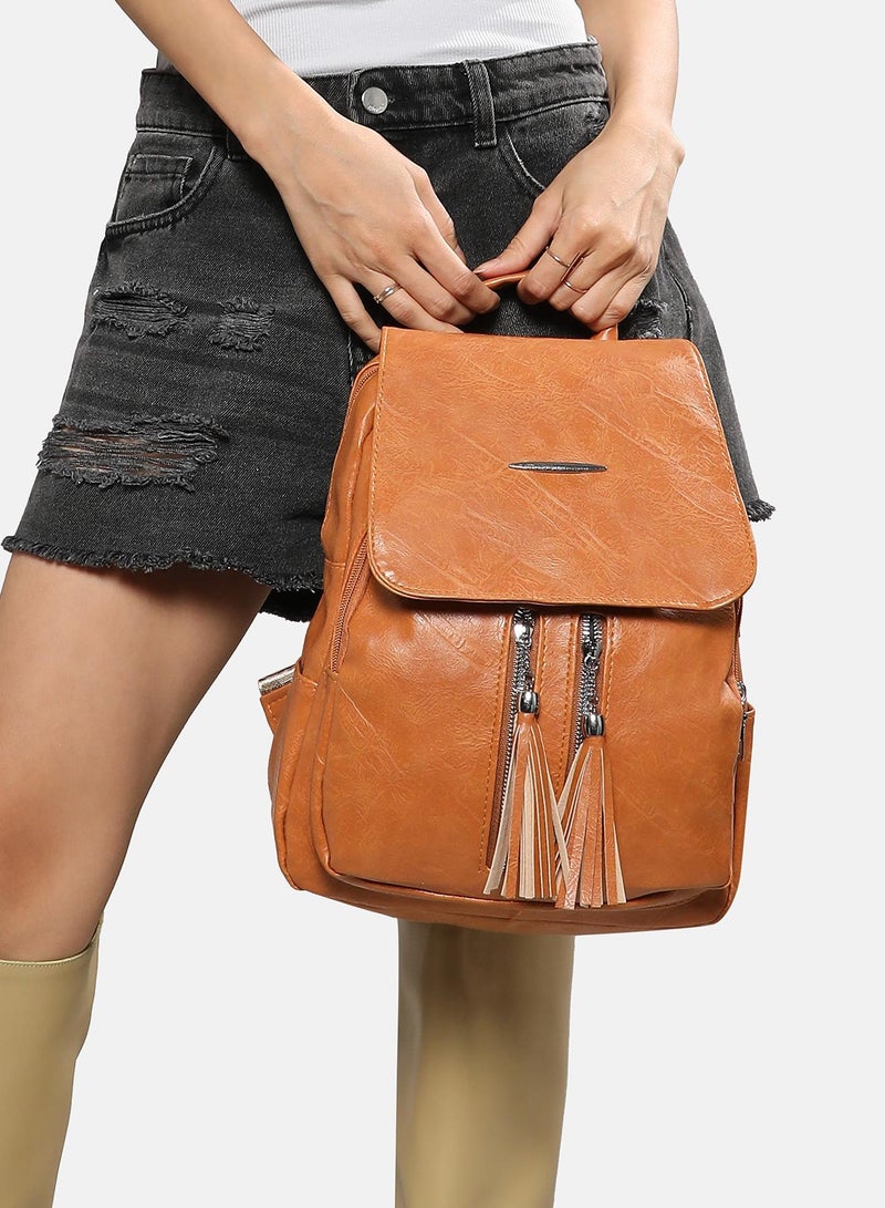 Haute Sauce Haute Sauce Women's The Double Tassel Backpack For Casual Wear | Tan Brown Colour | One-Size | Zipper Closure | Solid Pattern | Vegan Leather Material | Backpack For Woman & Girls  - Image 3