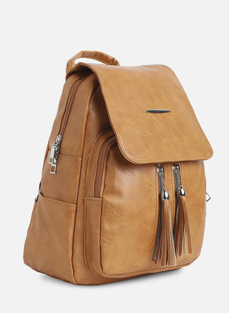 Haute Sauce Haute Sauce Women's The Double Tassel Backpack For Casual Wear | Tan Brown Colour | One-Size | Zipper Closure | Solid Pattern | Vegan Leather Material | Backpack For Woman & Girls