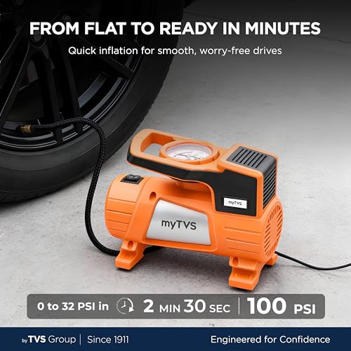 myTVS airJet Portable Tyre Inflator for Car, Bike, 100 PSI | 12V DC Air Compressor Best Sutied Air Pump for Sedan, SUV Tyre with LED Torch, 3m Cord Metal Body| 1+1 Years Warranty TI-7 - Image 2