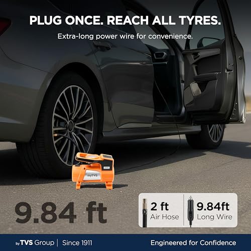 myTVS airJet Portable Tyre Inflator for Car, Bike, 100 PSI | 12V DC Air Compressor Best Sutied Air Pump for Sedan, SUV Tyre with LED Torch, 3m Cord Metal Body| 1+1 Years Warranty TI-7 - Image 4