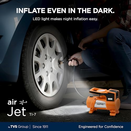 myTVS airJet Portable Tyre Inflator for Car, Bike, 100 PSI | 12V DC Air Compressor Best Sutied Air Pump for Sedan, SUV Tyre with LED Torch, 3m Cord Metal Body| 1+1 Years Warranty TI-7 - Image 5