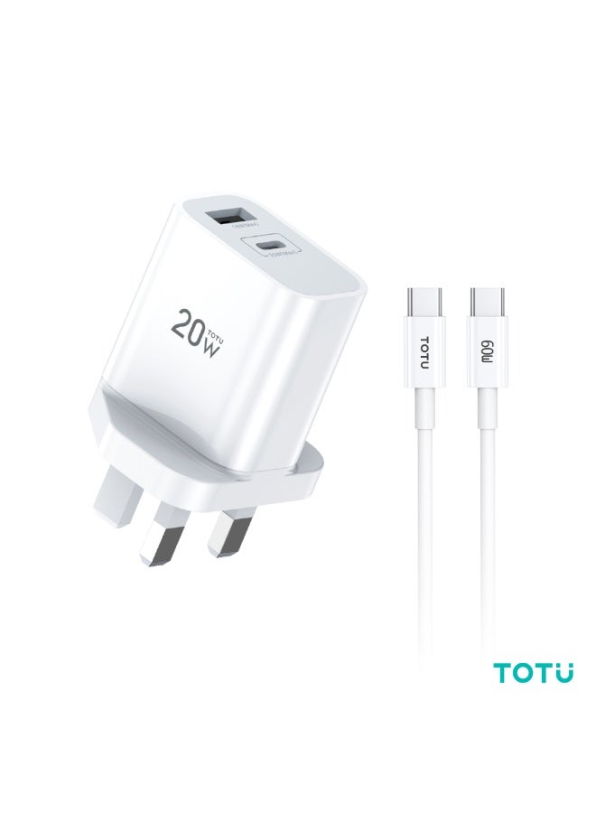 TOTU 20W Max Dual Port Fast Wall Charger (USB-A + Type-C) with High-Speed 60W Type-C to Type-C Cable Included - Smart Power Adapter, White - Image 1