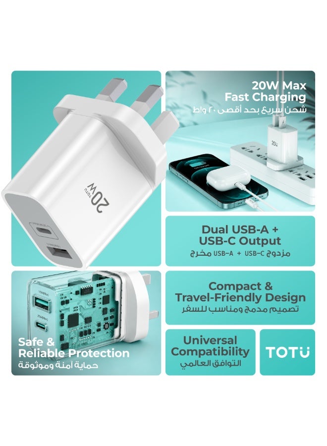 TOTU 20W Max Dual Port Fast Wall Charger (USB-A + Type-C) with High-Speed 60W Type-C to Type-C Cable Included - Smart Power Adapter, White - Image 2