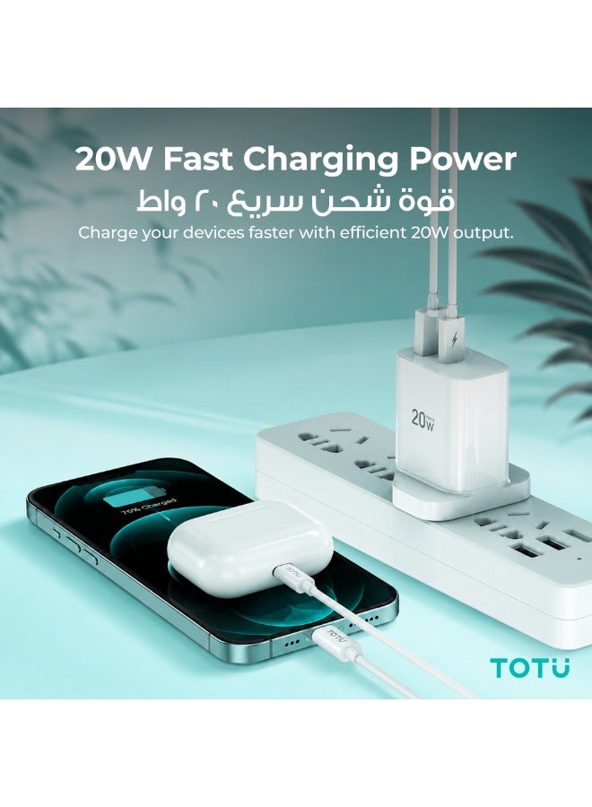 TOTU 20W Max Dual Port Fast Wall Charger (USB-A + Type-C) with High-Speed 60W Type-C to Type-C Cable Included - Smart Power Adapter, White - Image 3
