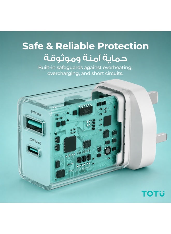 TOTU 20W Max Dual Port Fast Wall Charger (USB-A + Type-C) with High-Speed 60W Type-C to Type-C Cable Included - Smart Power Adapter, White - Image 4
