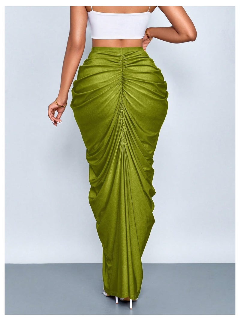 WDIRARA Women's Ruched Bodycon Maxi Skirt Cocktail Party High Waisted Long Fishtail Skirts Olive Green X-Large - Image 2