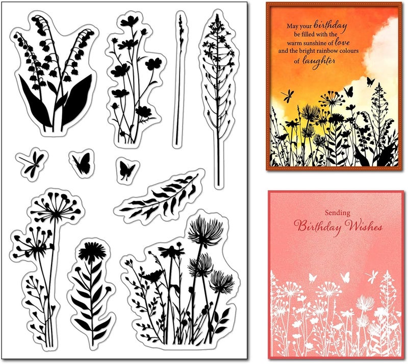 Arbuya Silhouette Flowers Clear Stamps for Card Making DIY Dandelion Lily of The Valley Daisy Floral Rubber Stamps for Gift Tags Paper Crafting Scrapbooking Decor - Image 1