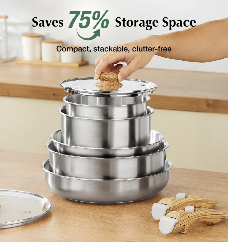 KOCH SYSTEME CS Stainless Steel Cookware Set, 18/10 Stainless Steel Pots and Pans Set 11PCS, Detachable Handle Pots and Pans for Easy Storage, Removable Handle Cooking Set, Induction Compatible - Image 5