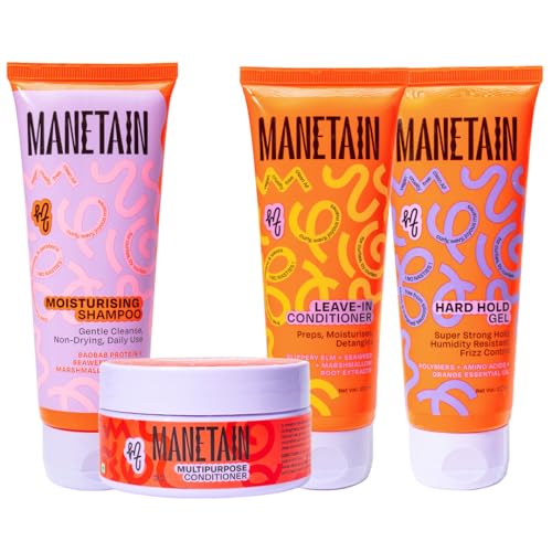 MANETAIN Washday Hold Bundle Mini Size - Complete Curly Hair Care Set | Moisturizing Shampoo 100ml | Multipurpose Conditioner 100gm | Leave-In Conditioner 100 ml and Hard Hold Gel 100 ml - Image 1