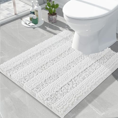 Yimobra Toilet Rugs U Shaped Washable 24 x 20 Non Slip and Super Absorbent Toilet Mat Quick Dry Ultra Luxury Microfiber Chenille Plush Fluffy Contour Bath Rugs for Toilet Base White