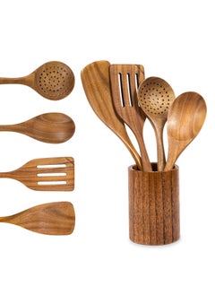 Vasilek Wooden Utensil Set for Cooking - 5-Piece Wooden Mixing spoon, Skimmer, Frying Spatula, Stirring Spatula and Utensil Holder made of Natural Acacia Wood Material - Kitchen Gadgets Gift  - Image 1