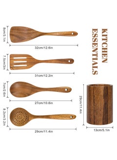 Vasilek Wooden Utensil Set for Cooking - 5-Piece Wooden Mixing spoon, Skimmer, Frying Spatula, Stirring Spatula and Utensil Holder made of Natural Acacia Wood Material - Kitchen Gadgets Gift  - Image 2