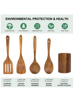 Vasilek Wooden Utensil Set for Cooking - 5-Piece Wooden Mixing spoon, Skimmer, Frying Spatula, Stirring Spatula and Utensil Holder made of Natural Acacia Wood Material - Kitchen Gadgets Gift  - Image 3