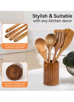 Vasilek Wooden Utensil Set for Cooking - 5-Piece Wooden Mixing spoon, Skimmer, Frying Spatula, Stirring Spatula and Utensil Holder made of Natural Acacia Wood Material - Kitchen Gadgets Gift  - Image 4
