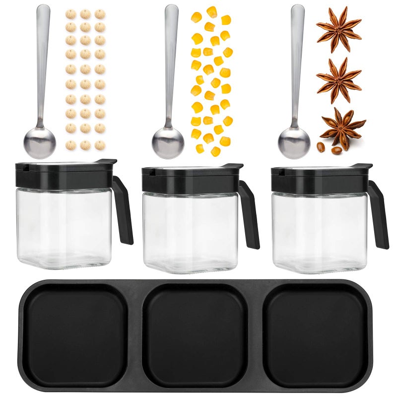 Mlici Mlici Condiment Jar Spice Container with Lids and Spoons  8.6oz Clear Glass Condiment Canisters Pots Seasoning Box Salt Container Sugar Bowl Set of 3 for Kitchen  Counter  Food Storage  Black  - Image 5